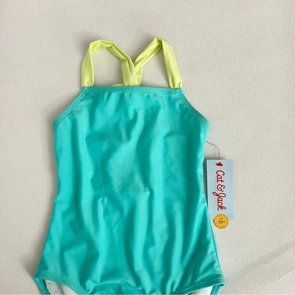 One Piece Swimsuit Cat & Jack Teal Lime Back Detail Size Small (6/6X6) UPF 50+ - Picture 3 of 5